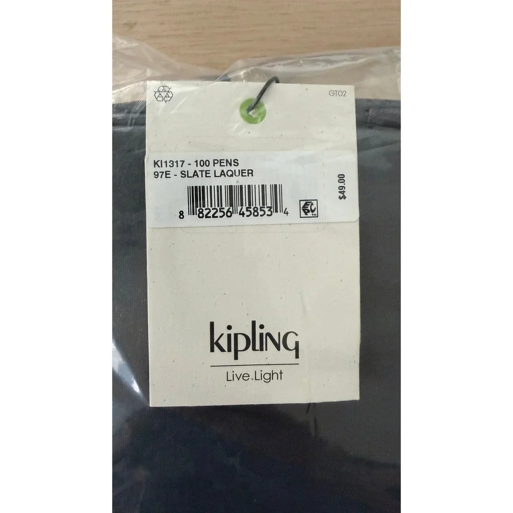 Kipling 100 Pens Case Black Metallic Nylon Pencil Pouch Makeup Brush Organizer